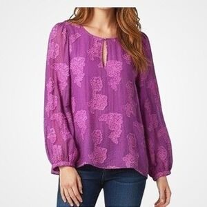 LOFT Purple Embroidered Floral Keyhole Neck Long Sleeve Blouse Top Size‎ L